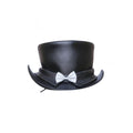 Front view of mens black leather steampunk top hat with tall crown, curved brim, and white bow accent.
