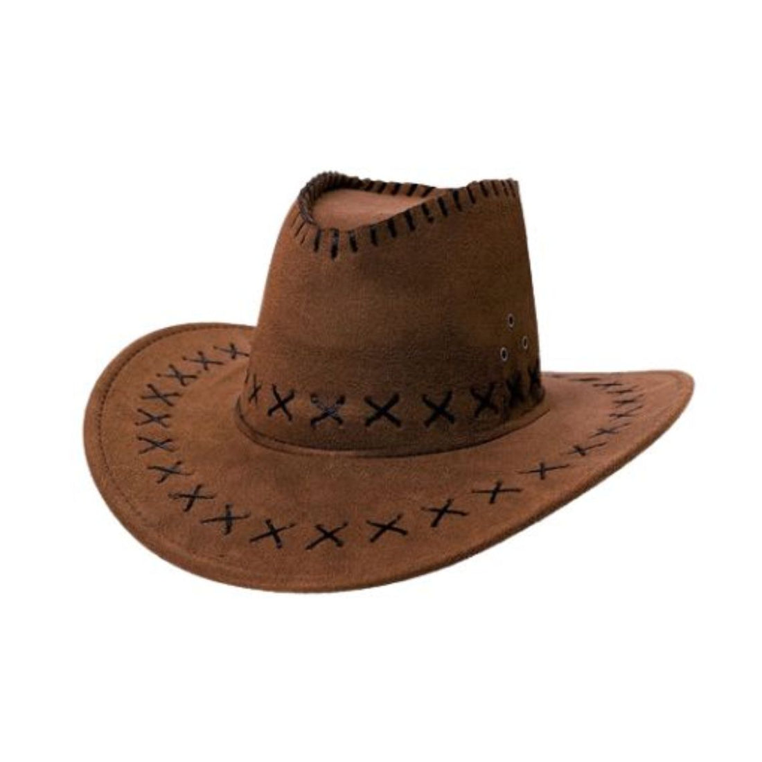 Mens Distressed Leather Cowboy Hat Classic Frontier Edition with Cross Stitch Detailing Front View