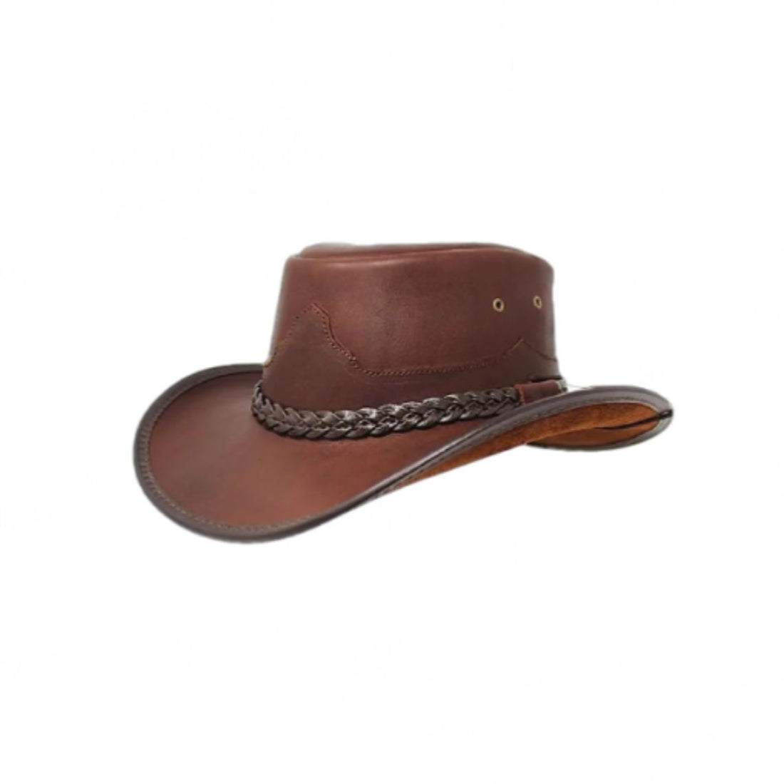 Mens brown leather outback cowboy hat with braided leather hatband and curved brim front angled view.