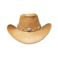 Front view of mens tan leather cowboy hat with decorative eagle concho hatband and classic western styling.