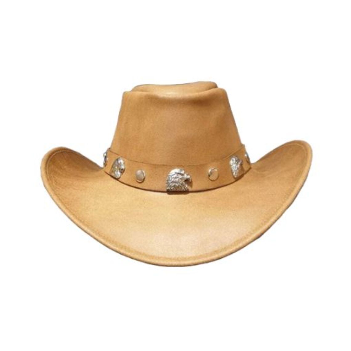 Front view of mens tan leather cowboy hat with decorative eagle concho hatband and classic western styling.