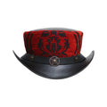 Front view of red brocade steampunk top hat with black leather brim and decorative gear accent.