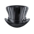 Front view of black gothic leather top hat featuring sculpted crown and metal buckle band.