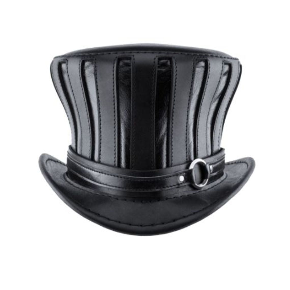 Front view of black gothic leather top hat featuring sculpted crown and metal buckle band.