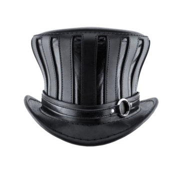 Front view of black gothic leather top hat featuring sculpted crown and metal buckle band.