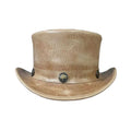 Front view of vintage tan leather steampunk top hat with tall crown and decorative concho hat band.