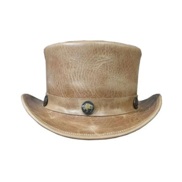 Front view of vintage tan leather steampunk top hat with tall crown and decorative concho hat band.