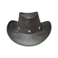 Front view of mens black leather cowboy hat with silver star studded hatband and curved brim.