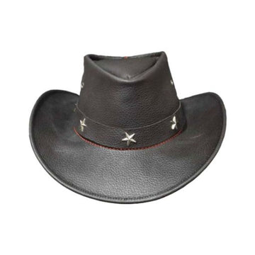 Front view of mens black leather cowboy hat with silver star studded hatband and curved brim.