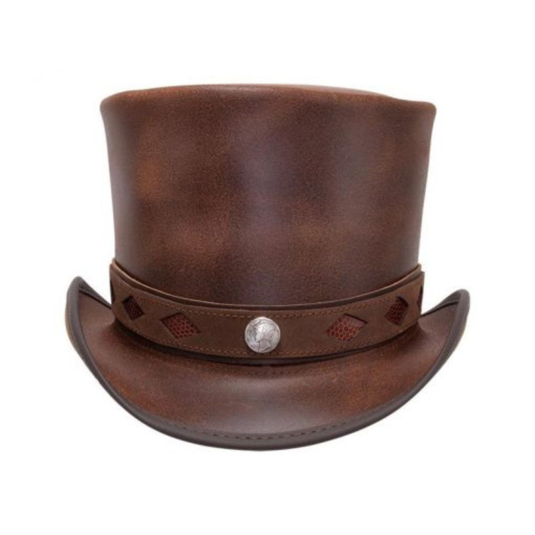 Front view of vintage brown leather top hat with decorative perforated hatband and metal concho accent.