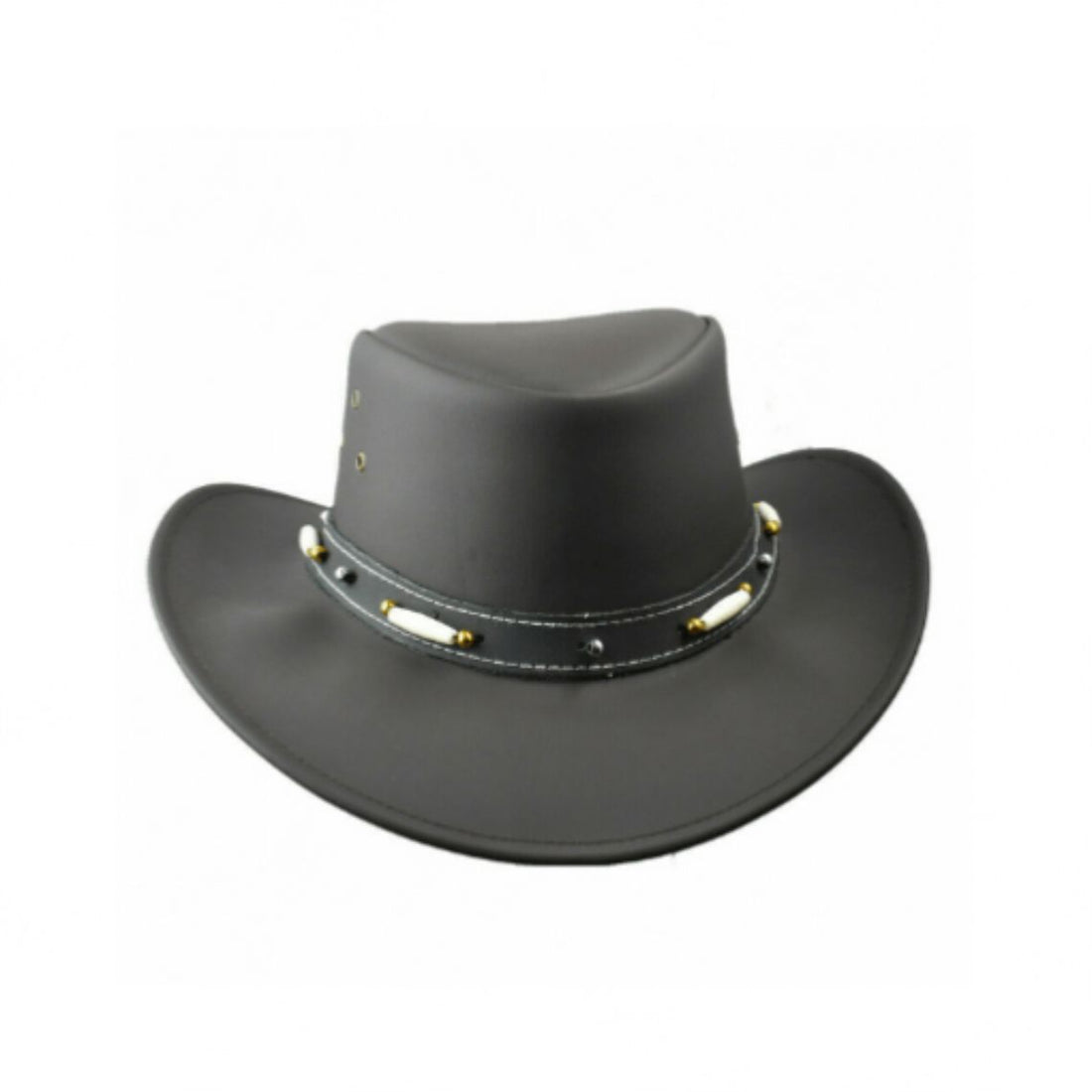 Mens Leather Cowboy Hat Vintage Western Style Front View Black Leather Hat