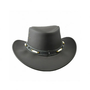 Mens Leather Cowboy Hat Vintage Western Style Front View Black Leather Hat