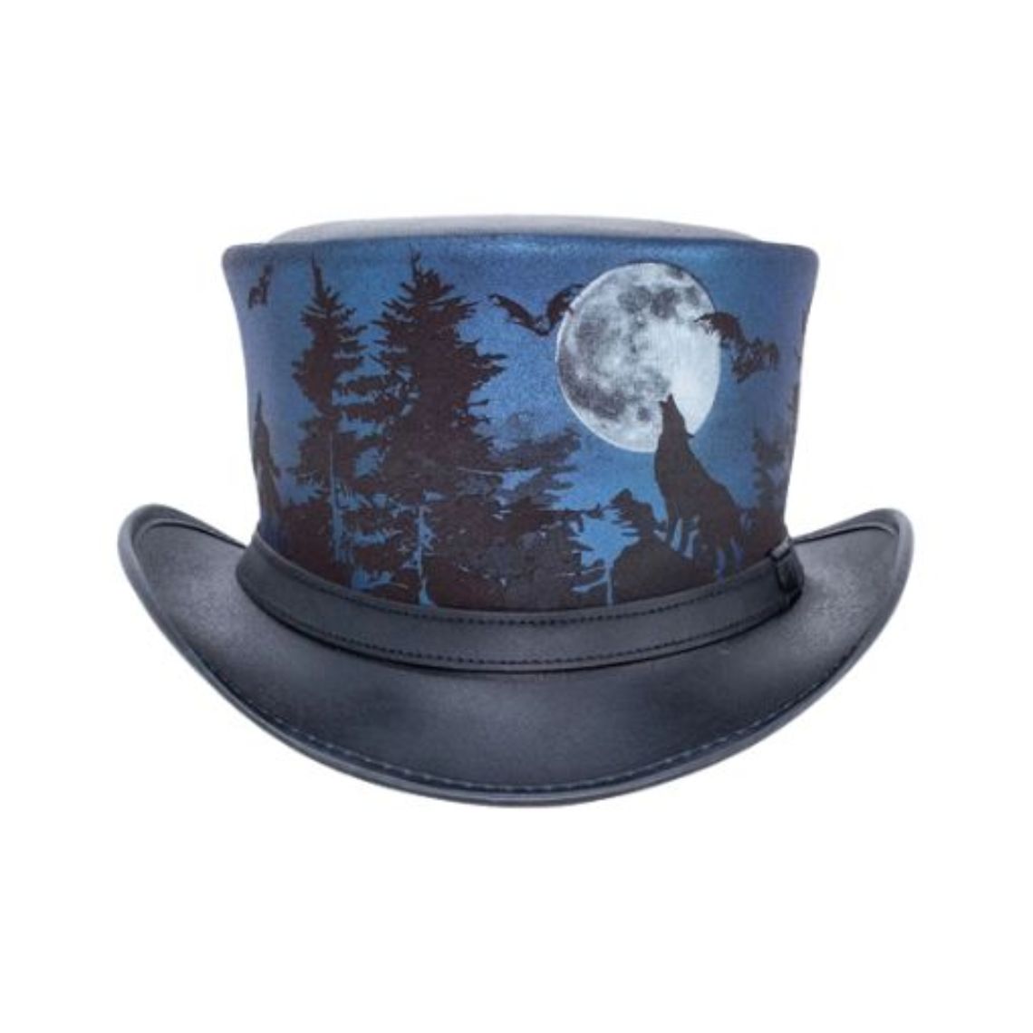 Front view of moonlit wolf gothic leather top hat featuring full moon, forest silhouette, and bat artwork.