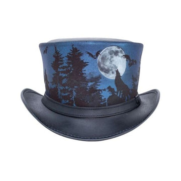 Front view of moonlit wolf gothic leather top hat featuring full moon, forest silhouette, and bat artwork.