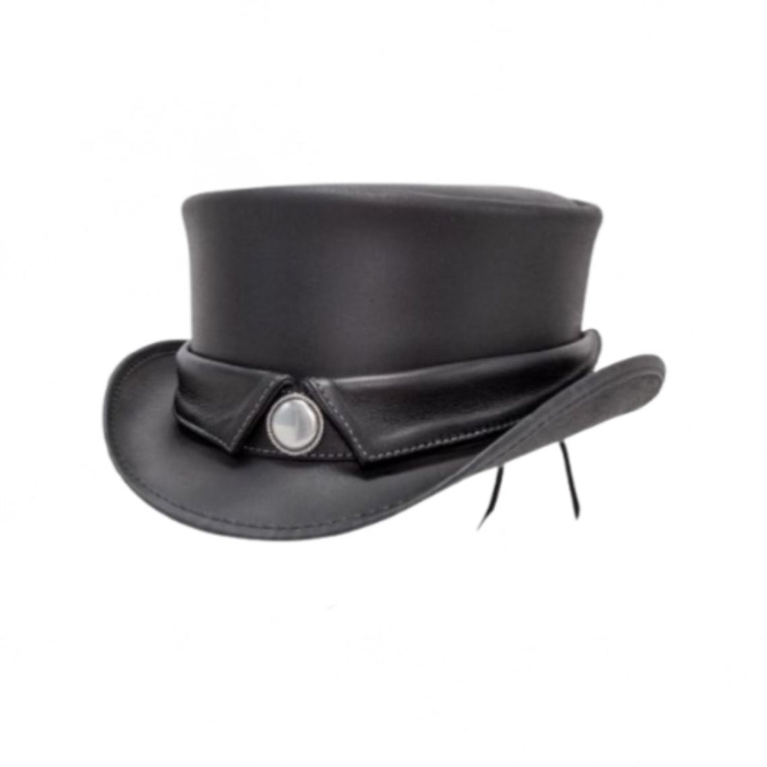 Front view of handcrafted black Victorian-style leather top hat featuring curved brim and decorative band detail.