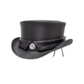 Side view of black leather steampunk top hat with decorative leather hatband and metallic centerpiece accent.