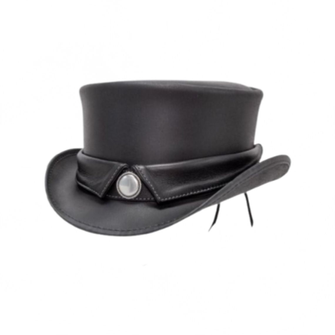 Side view of black leather steampunk top hat with decorative leather hatband and metallic centerpiece accent.