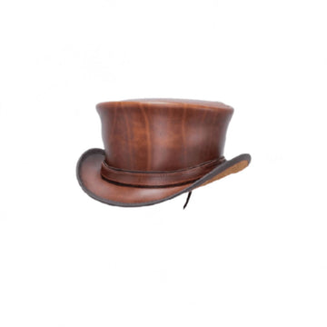 Angled view of vintage brown leather western top hat with classic leather hatband and curved brim.