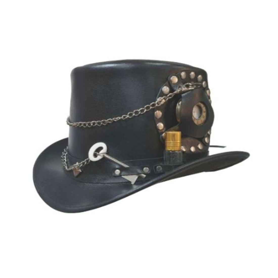 Front view of handcrafted black leather steampunk top hat with vintage clock detail and industrial embellishments.