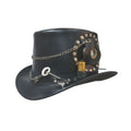 Side view of black leather steampunk top hat featuring decorative clock, chain accents, and metal rivets.