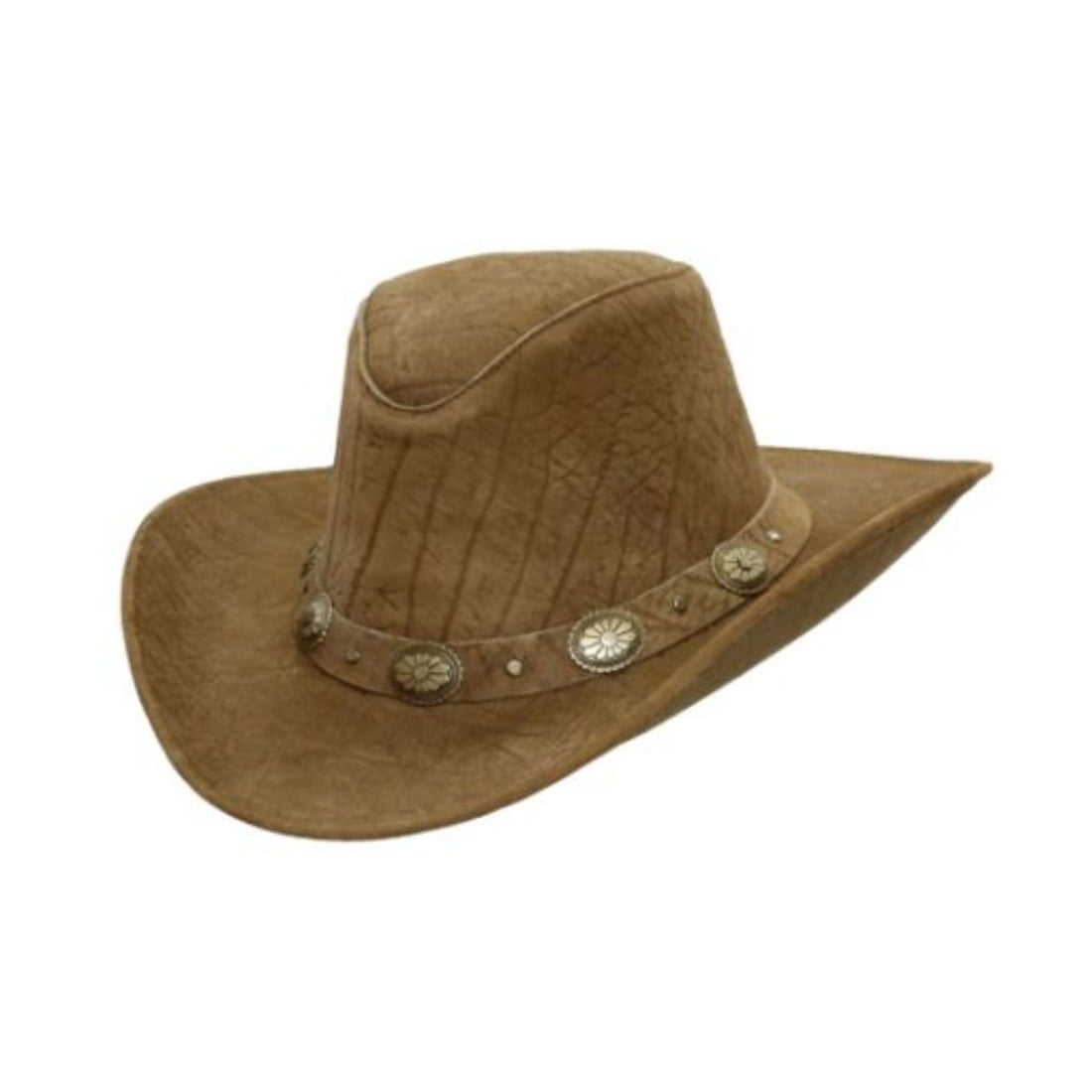Front angled view of mens distressed brown leather cowboy hat with decorative concho hatband and vintage western styling.