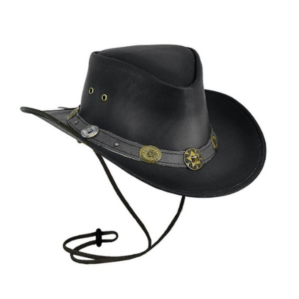 Mens Leather Cowboy Hat Heritage Ranch Front Angled View with Decorative Western Concho Hatband