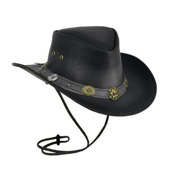 Mens Leather Cowboy Hat Heritage Ranch Front Angled View with Decorative Western Concho Hatband