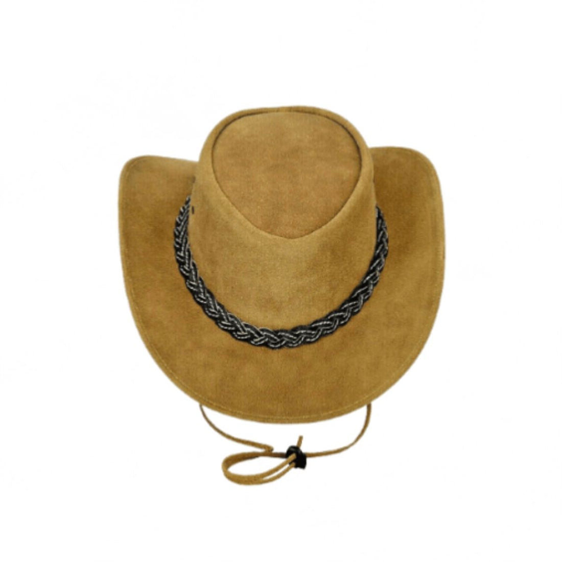 Front view of mens tan suede leather outback cowboy hat with braided leather hatband and adjustable chin strap.