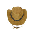 Front view of mens tan suede leather outback cowboy hat with braided leather hatband and adjustable chin strap.