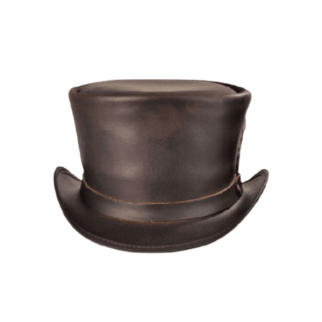 Front view of brown leather top hat with vintage finish and classic curved brim design.