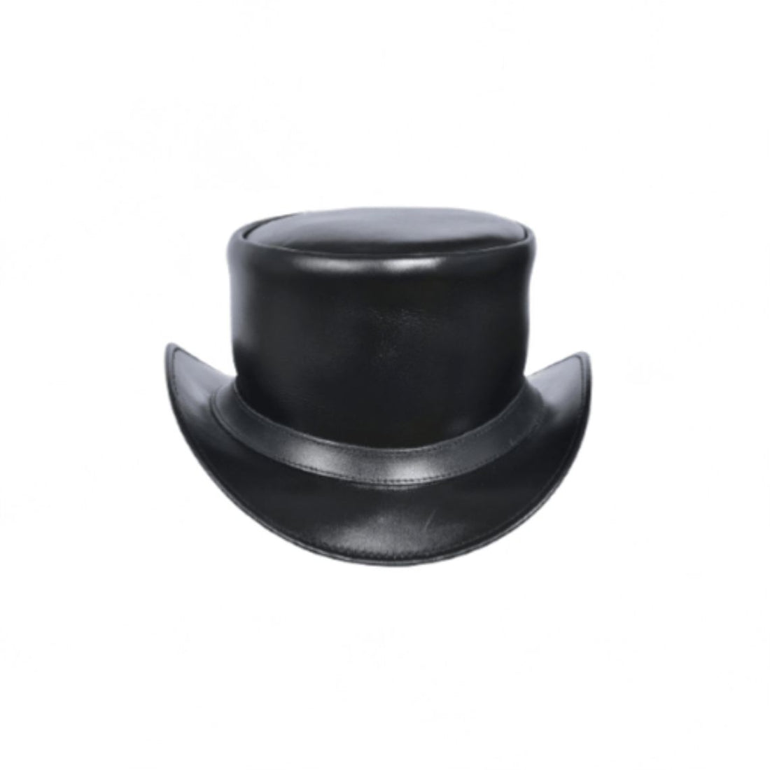 Front view of classic black leather Western top hat with minimalist leather hatband and curved brim.