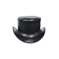 Front view of classic black leather Western top hat with minimalist leather hatband and curved brim.