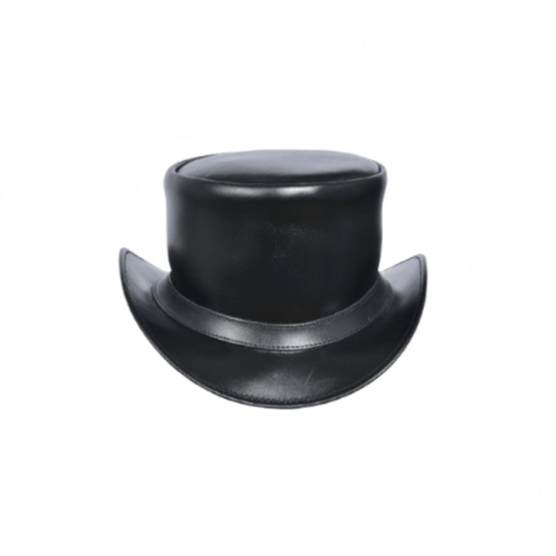 Front view of classic black leather Western top hat with minimalist leather hatband and curved brim.