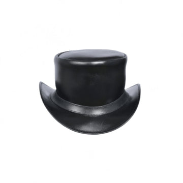 Front view of classic black leather Western top hat with minimalist leather hatband and curved brim.