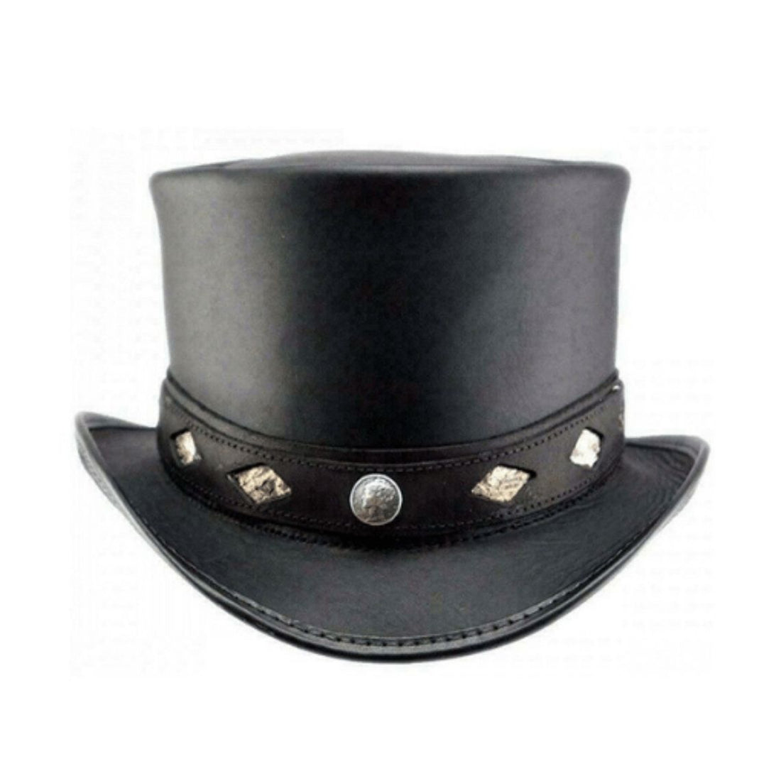 Front view of black leather western top hat with exotic-pattern inlay hatband and concho accent.