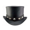Front view of black leather western top hat with exotic-pattern inlay hatband and concho accent.