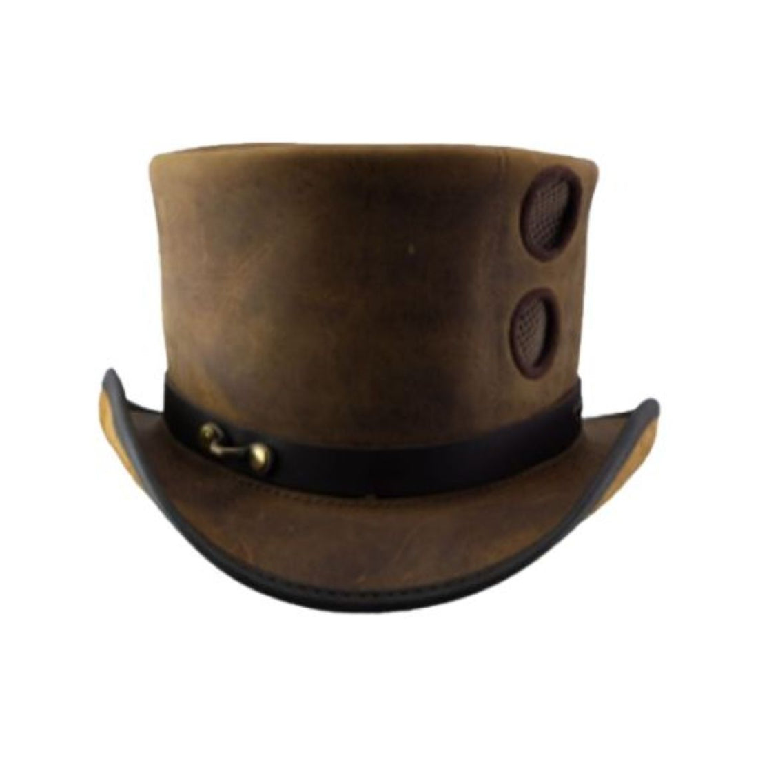 Front view of distressed brown leather steampunk top hat with decorative side vent accents and curved brim.