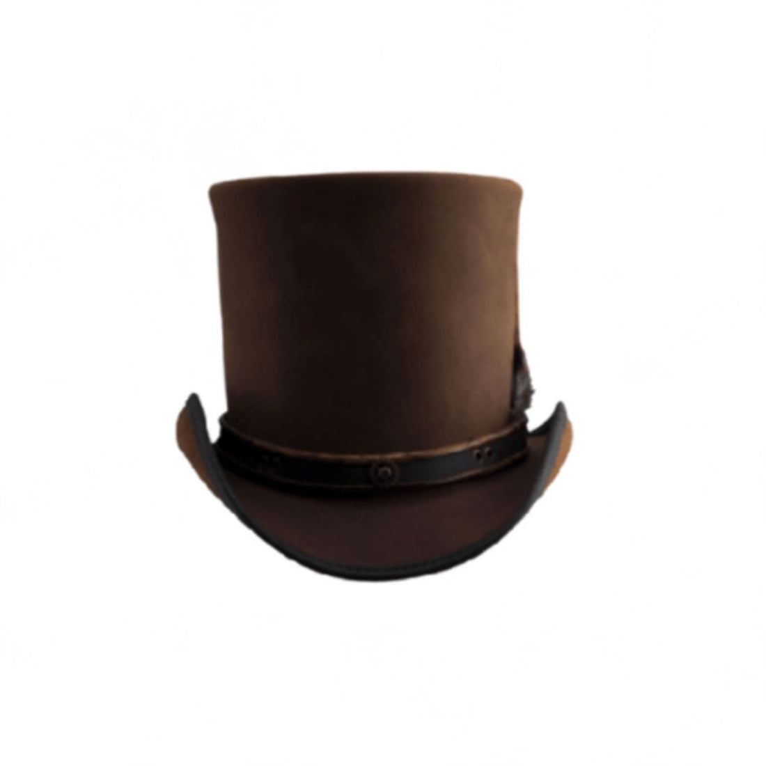 Front view of brown leather steampunk top hat with decorative feather accent and leather hatband.