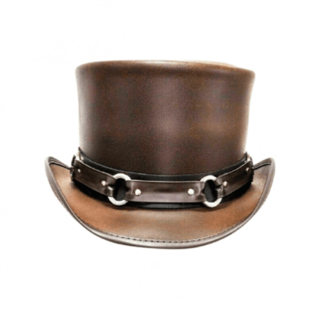 Front view of brown leather steampunk top hat with decorative chain and ring hatband.