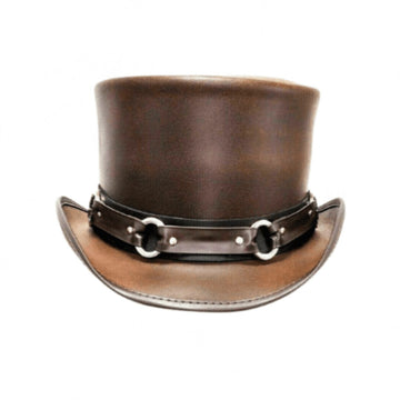 Front view of brown leather steampunk top hat with decorative chain and ring hatband.