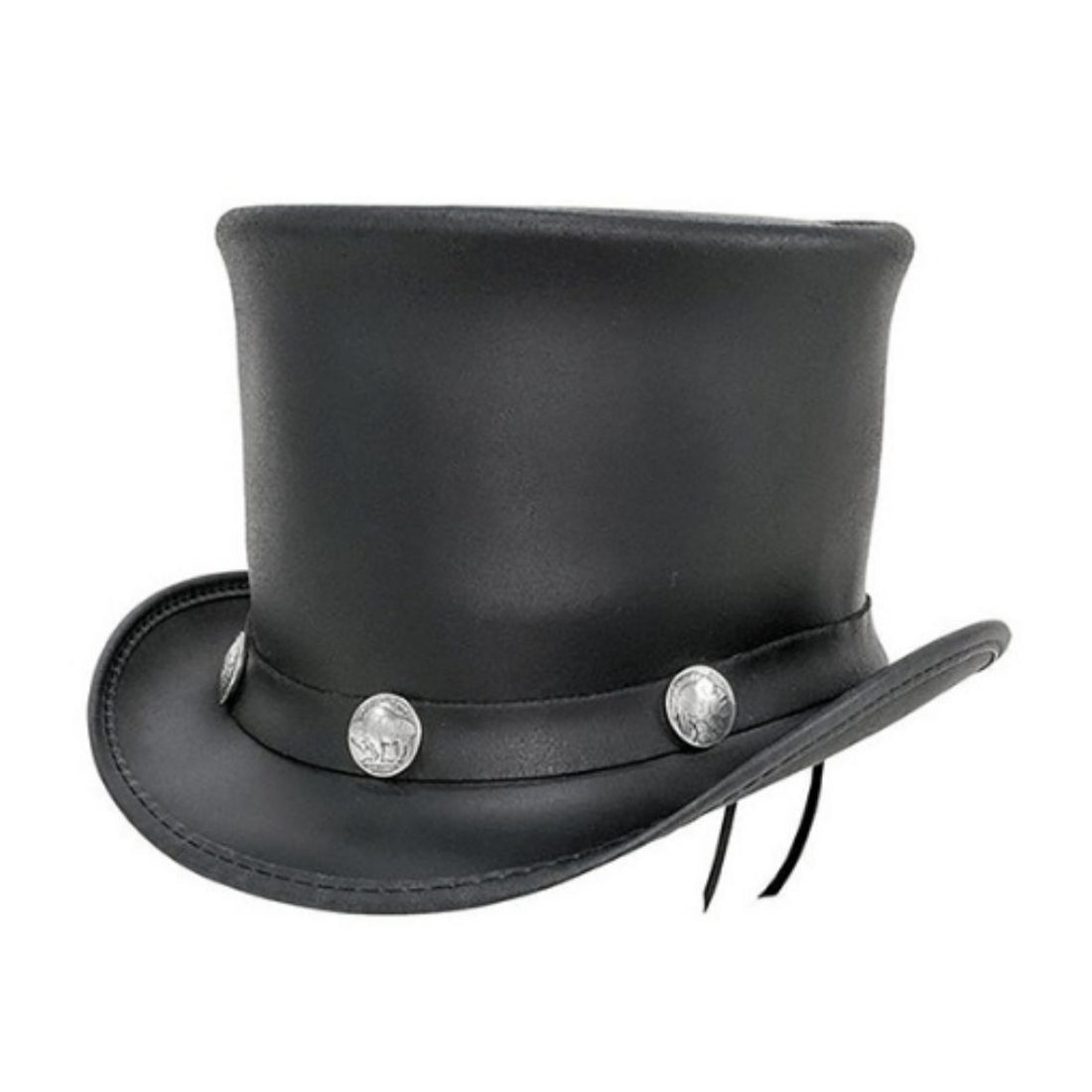 Front view of handcrafted black leather cowboy top hat featuring silver concho accents and tall structured crown.