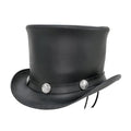 Angled front view of black leather Western top hat with decorative silver concho hatband and curved brim.