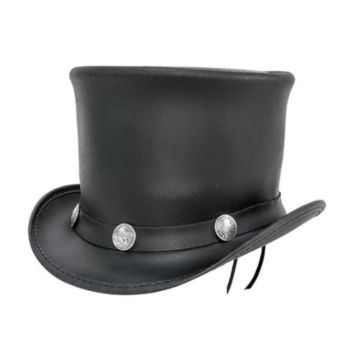 Angled front view of black leather Western top hat with decorative silver concho hatband and curved brim.