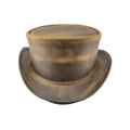 Front view of distressed brown leather steampunk top hat with antique vintage finish and curved brim.