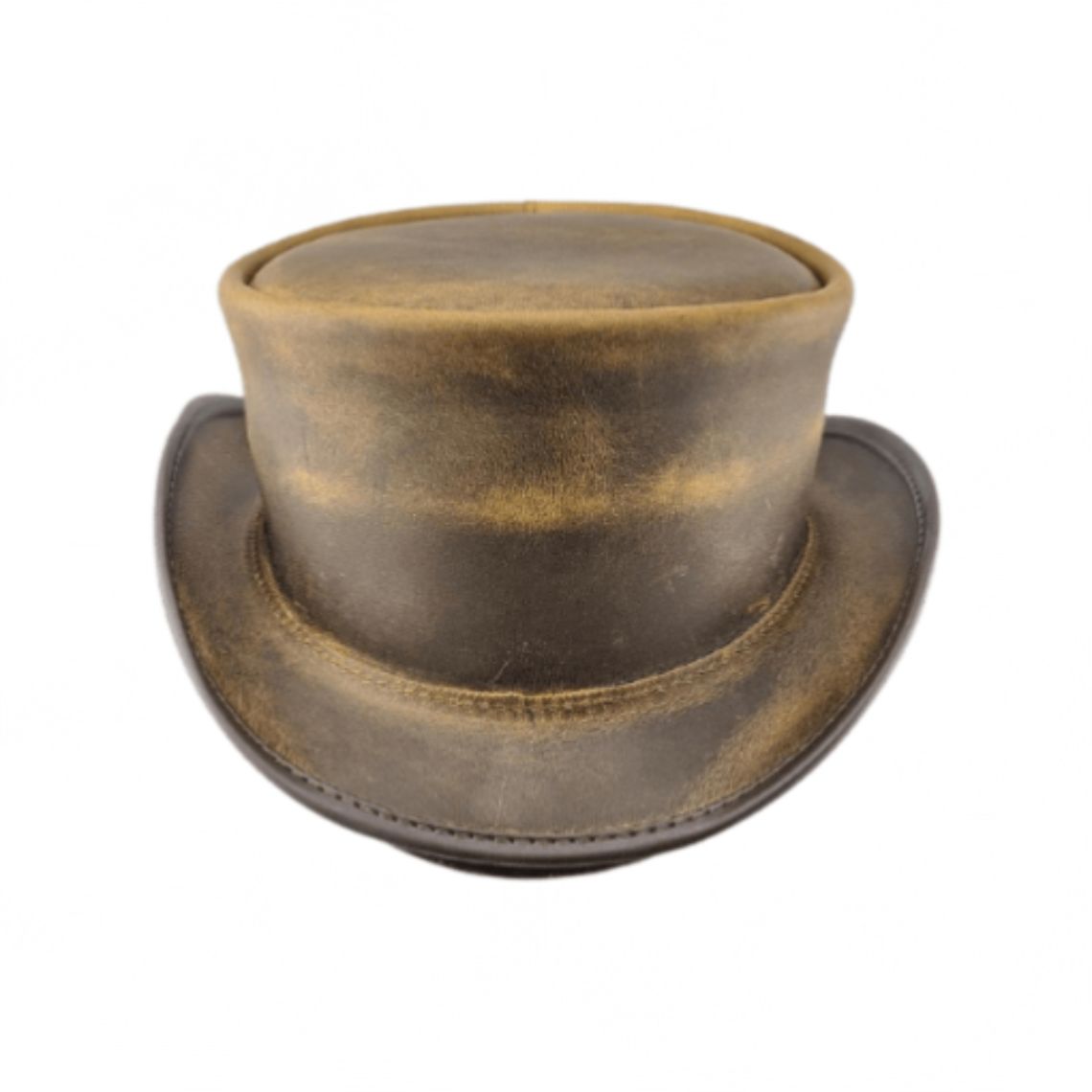 Front view of distressed brown leather steampunk top hat with antique vintage finish and curved brim.