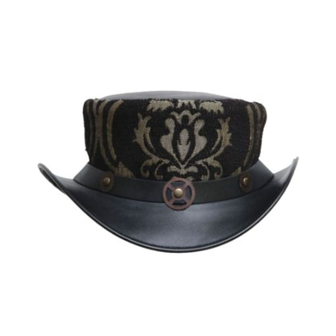 Front view of a Victorian gothic steampunk top hat with black damask brocade crown and curved leather brim.