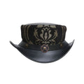 Front view of a Victorian gothic steampunk top hat with black damask brocade crown and curved leather brim.