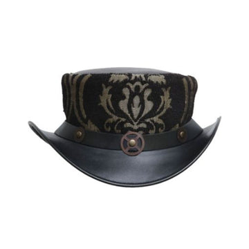 Front view of a Victorian gothic steampunk top hat with black damask brocade crown and curved leather brim.
