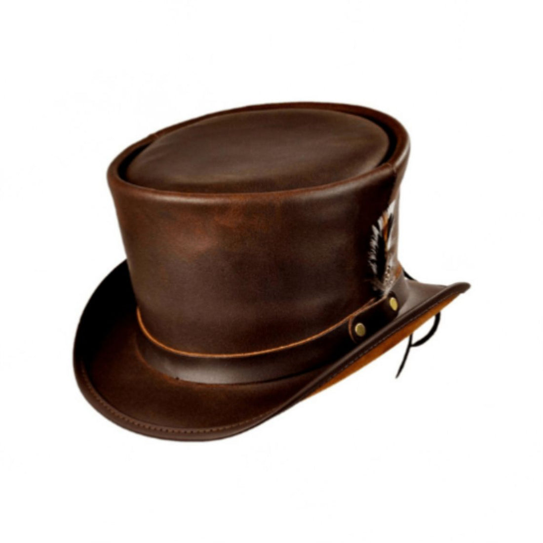 Front view of brown leather steampunk top hat showcasing classic Victorian-inspired crown and curved brim.
