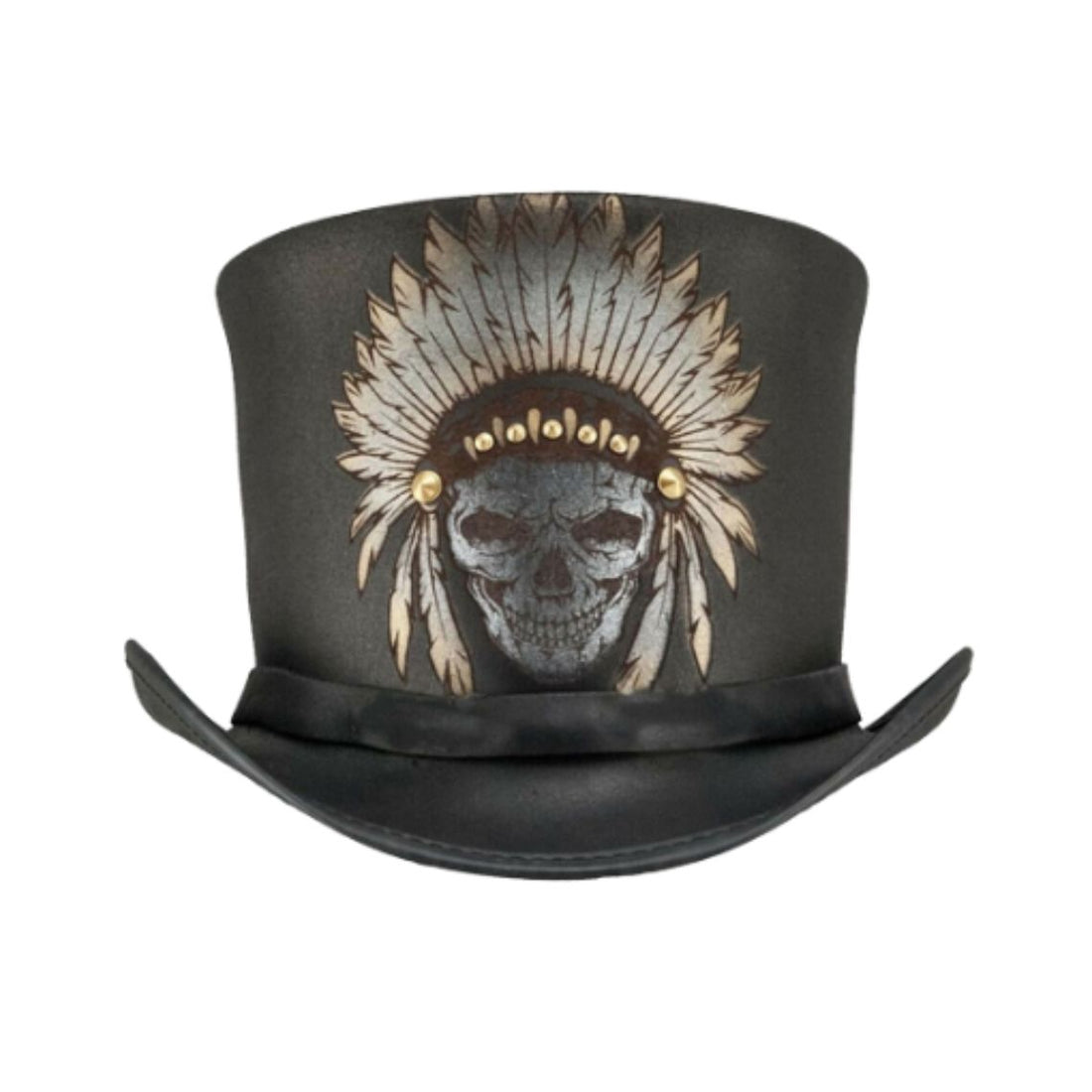 Front view of black leather gothic steampunk top hat featuring skull chief headdress artwork and curved brim.